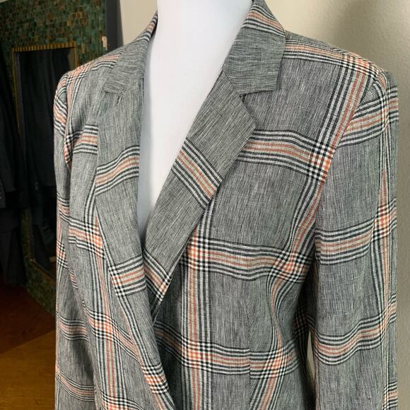 1.STATE Size 10 Double Breasted Blazer Jacket Black White Rust Orange Plaid - Picture 6 of 14